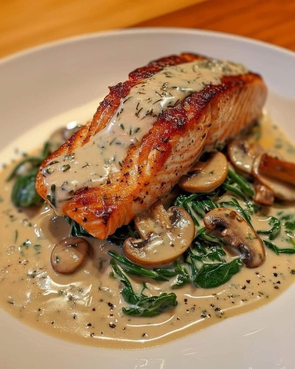Saumon à la sauce aux champignons et épinards